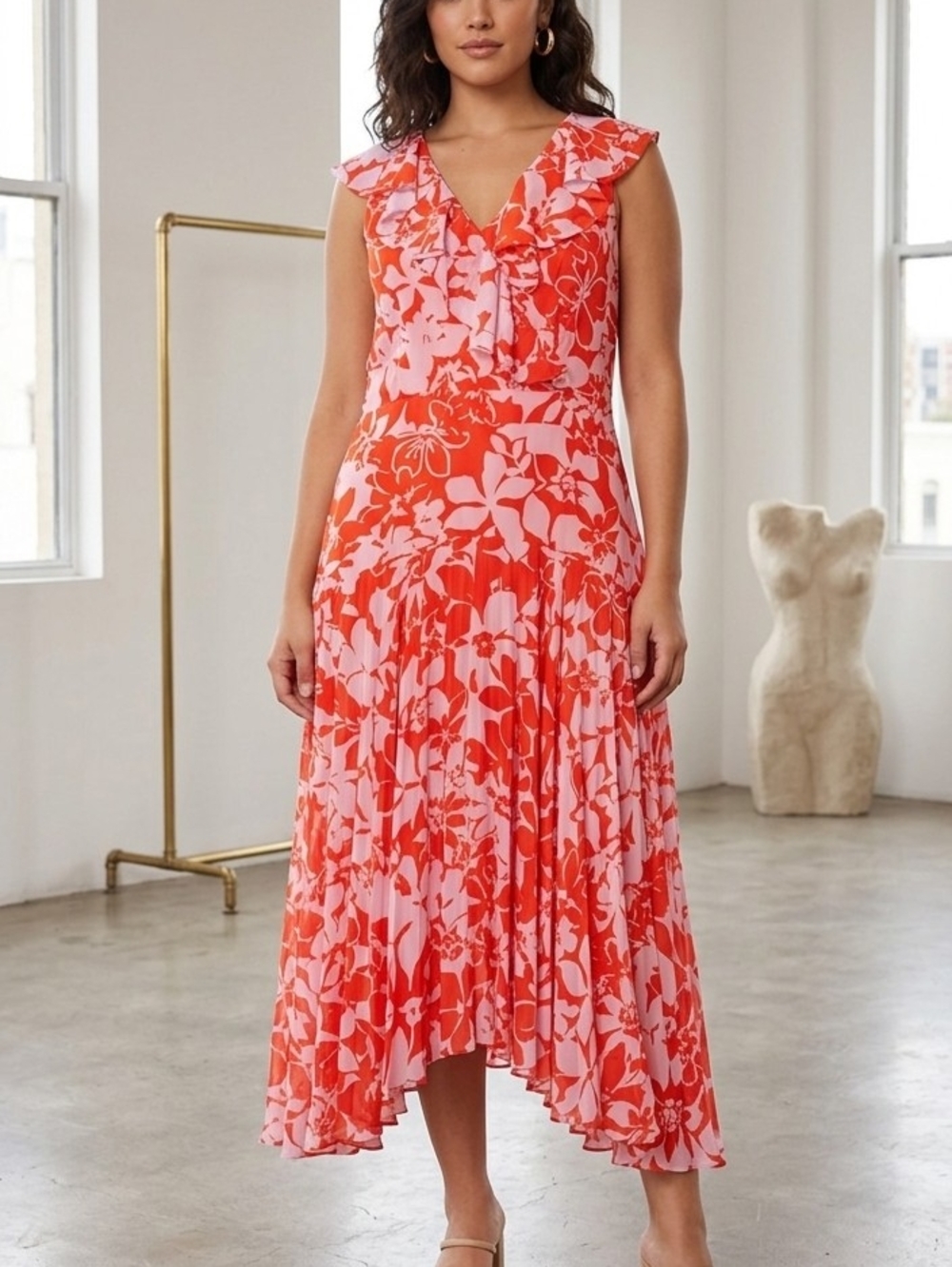 Eliza J Coral and Pink Floral High-Low Midi Dress Fully Lined